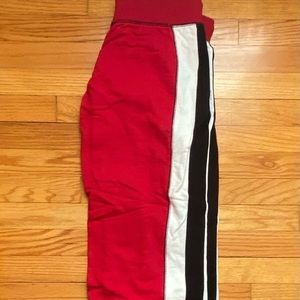 red, white, black sweatpants